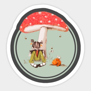 Girl Reading Under Mushroom - Circle Version Sticker